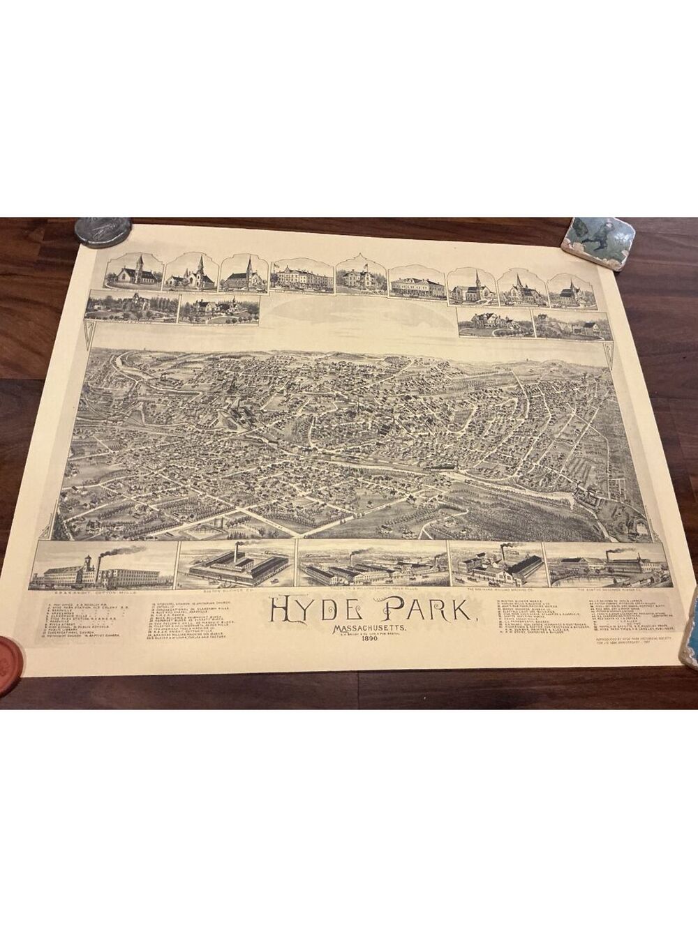 Vintage Hyde Park MA Bird's Eye View Map 1889, Historical Society, 1987